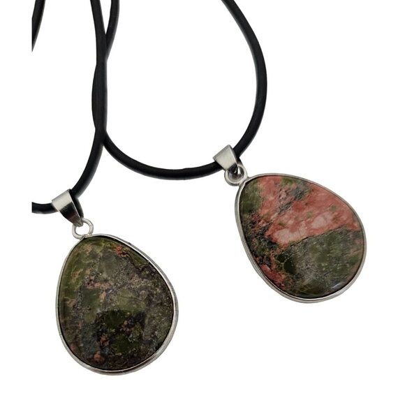 Rhodonite & Unakite Teardrop Pendant Necklaces (2) With Black Cord - 18" Length - Picture 1 of 5